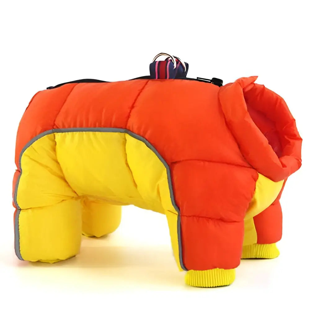 Quilted orange and white pet dog winter clothes featuring bright orange and yellow puffer coat with gray trim for cold weather protection