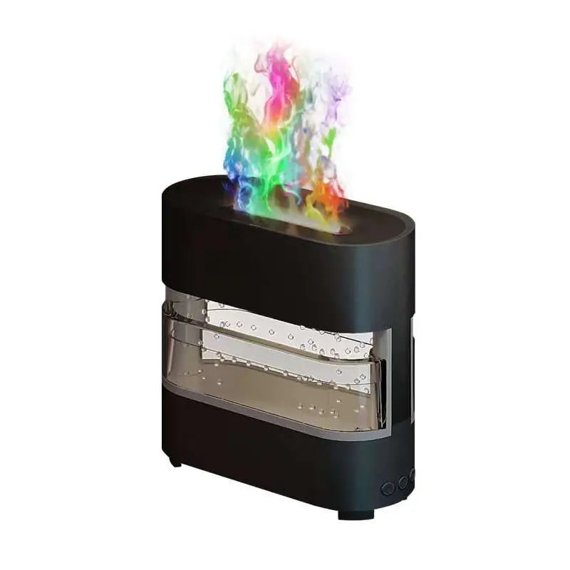 Black rectangular rain cloud humidifier drip aroma diffuser with transparent water chambers and colorful vapor rising from top