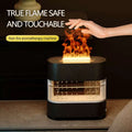 Black cylindrical rain cloud humidifier with glass front showing bubbling liquid and illuminated flame aroma diffuser effect