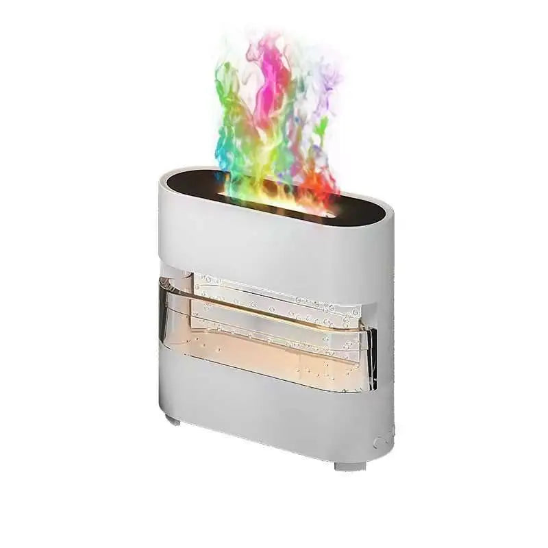 Modern white rain cloud humidifier drip aroma diffuser with swirling colorful flame and transparent glass panels