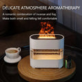 White cylindrical rain cloud humidifier aroma diffuser with glowing flame effect and transparent glass panels showing liquid