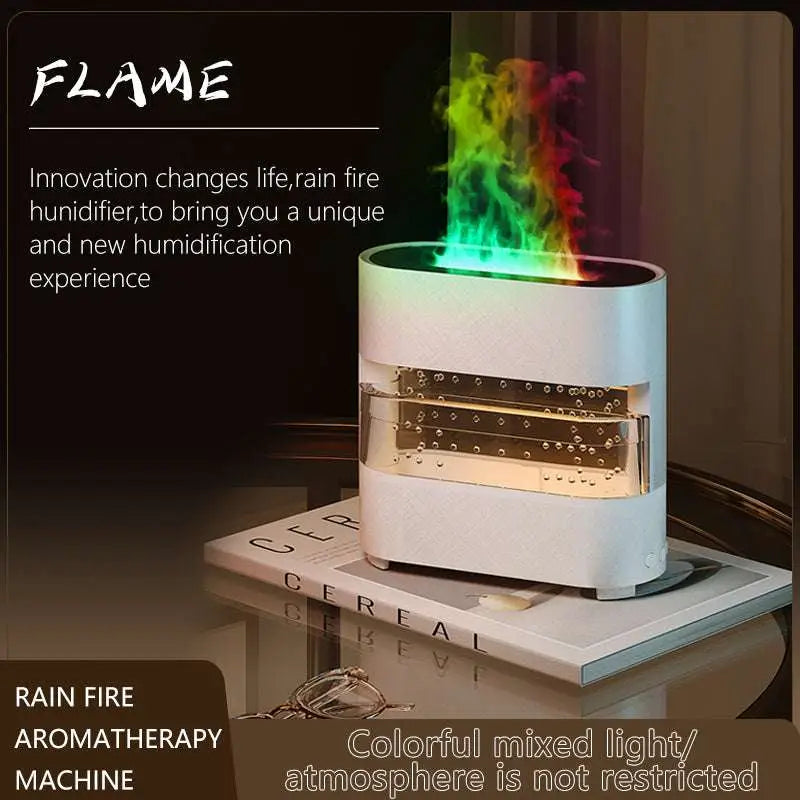 White cylindrical rain cloud humidifier with gold accents and colorful led flame effect drip aroma diffuser