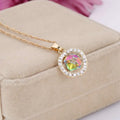 Gold-toned crystal bridal necklace with round rainbow crystal pendant and clear rhinestones in earrings set