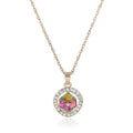 Rose gold rainbow crystal bridal necklace with round pendant featuring central rainbow crystal and clear rhinestones