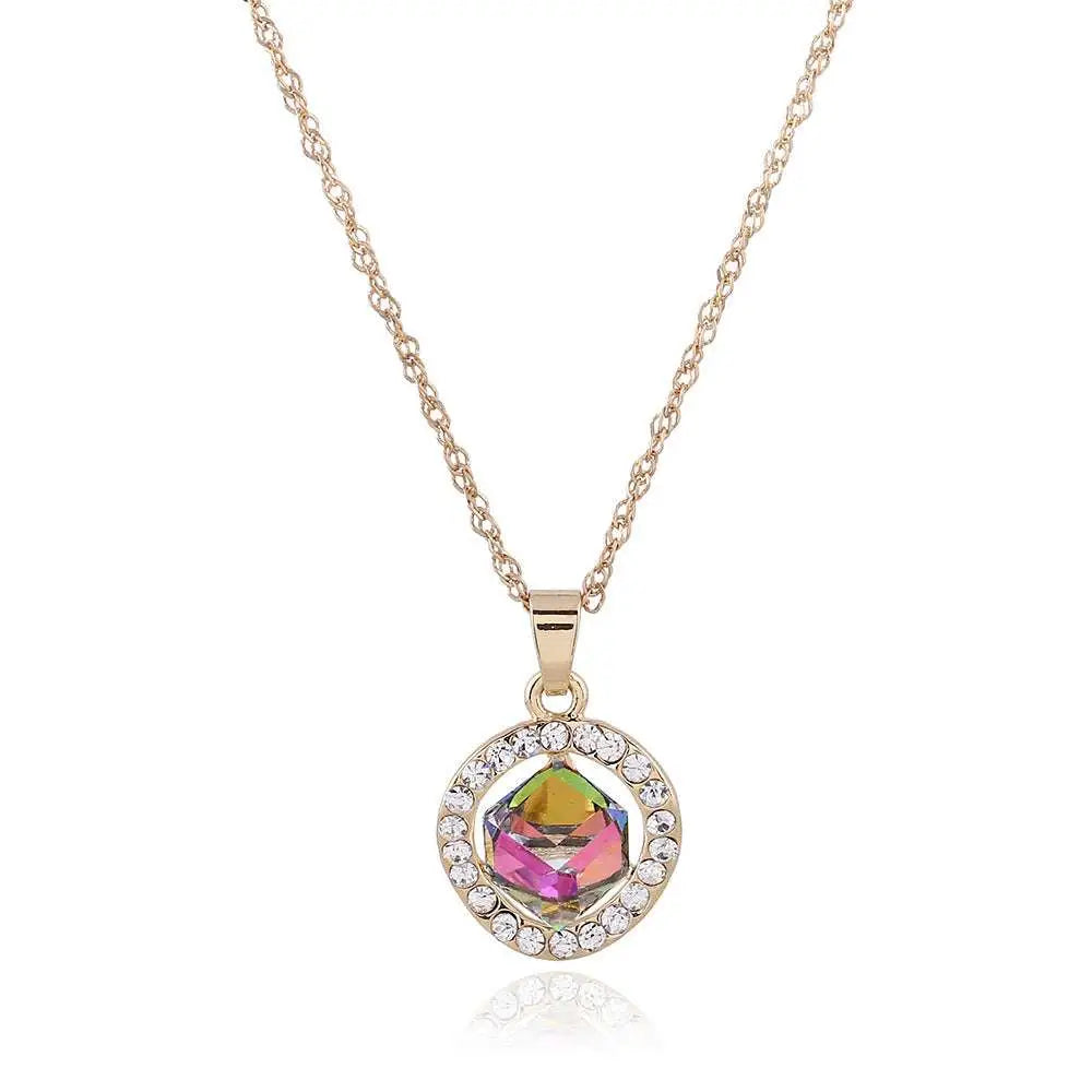 Rose gold rainbow crystal bridal necklace with round pendant featuring central rainbow crystal and clear rhinestones