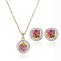 Gold-toned rainbow crystal bridal earrings set and crystal bridal necklace with central rainbow crystal and clear rhinestones
