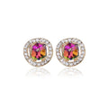 A pair of gold-toned stud earrings with a multicolored faceted crystal and clear rhinestone halo from rainbow crystal bridal earrings set