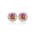 A pair of gold-toned stud earrings with a multicolored faceted crystal and clear rhinestone halo from rainbow crystal bridal earrings set