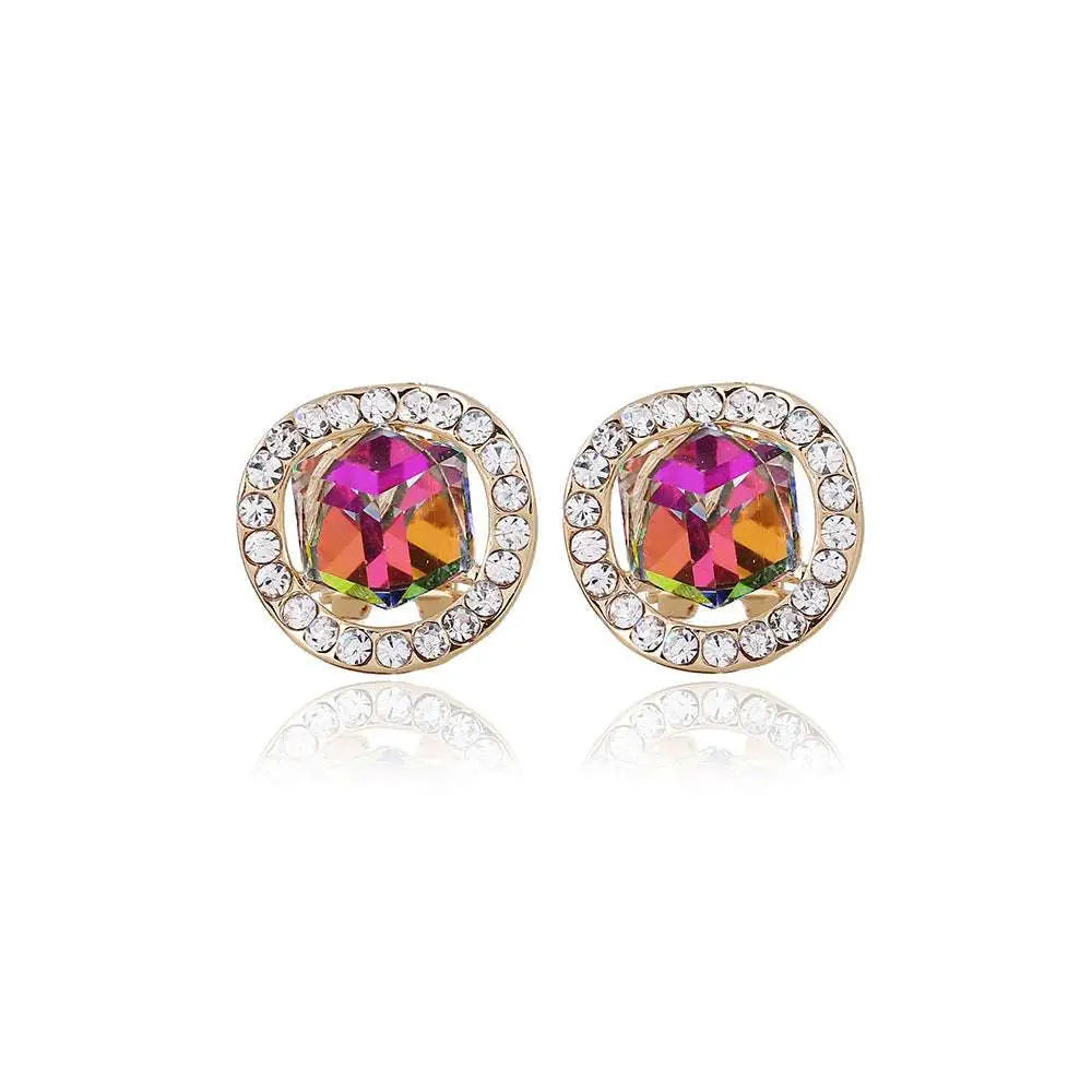 A pair of gold-toned stud earrings with a multicolored faceted crystal and clear rhinestone halo from rainbow crystal bridal earrings set