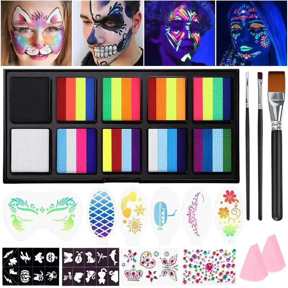 A vibrant rainbow face paint kit with multi-colored pigment pans in a black tray for kids uv body painting