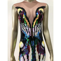 A sequin evening dress with a rainbow gradient sequin wing pattern perfect as a female singer costume