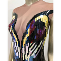 Vibrant rainbow gradient sequin evening dress with sheer mesh and iridescent scales for female singer costume
