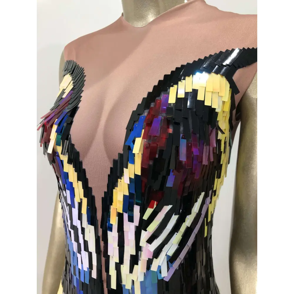 Vibrant rainbow gradient sequin evening dress with sheer mesh and iridescent scales for female singer costume