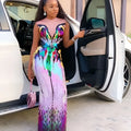 A shimmering rainbow gradient sequin evening dress with a fitted silhouette for female singer costume use