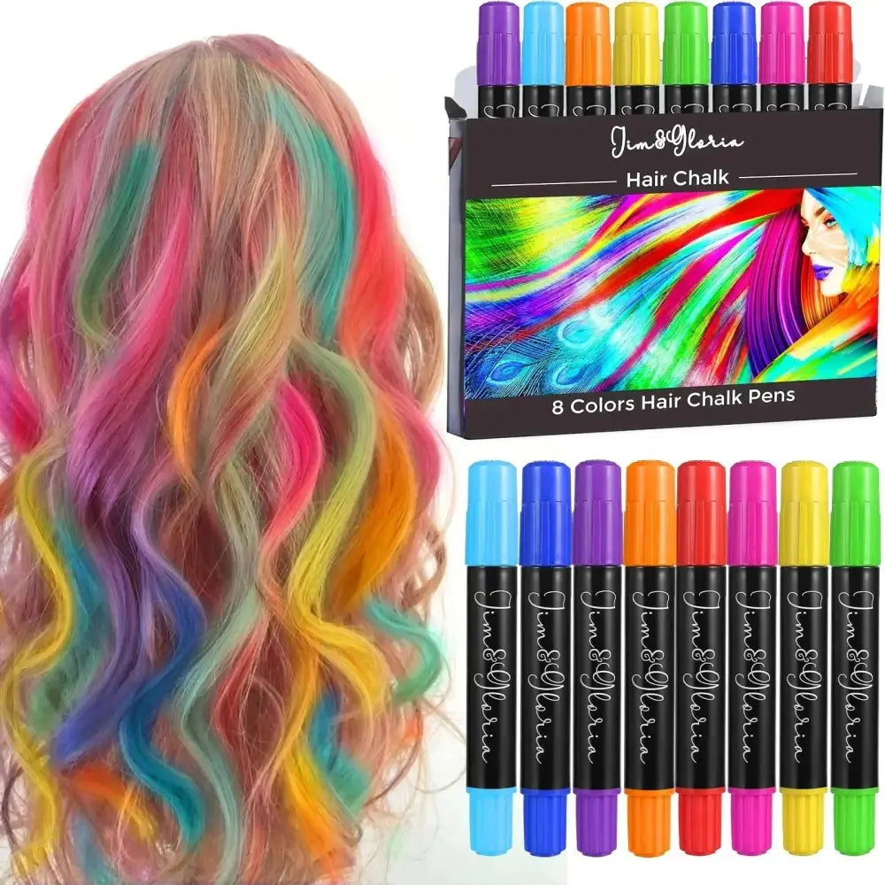 Rainbow hair chalk markers by jim & gloria in a black box for temporary hair color and crazy hair day looks