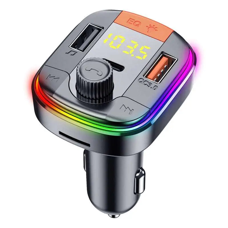 A sleek black rainbow led bluetooth fast charge car charger with digital display multiple usb ports including qc3.0