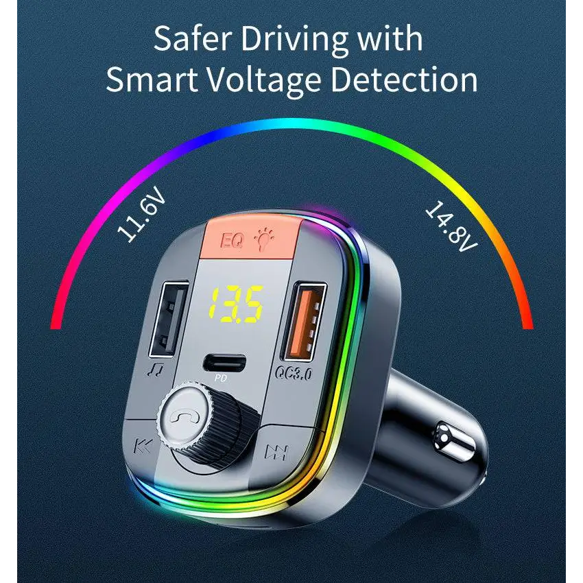 Silver rainbow led bluetooth fast charge car charger with usb ports and digital voltage display for charging devices