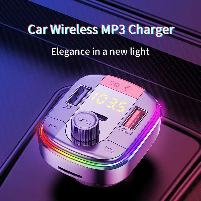 A sleek black charge car charger with rainbow led bluetooth, digital display, multiple usb ports, and qc3.0 fast charge