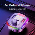 A sleek silver wireless mp3 charge car charger with rainbow led bluetooth ring and digital display for fast charge