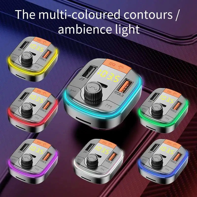 Multi-colored ambient light rainbow led bluetooth fast charge car charger with silver metallic body and orange accent panel