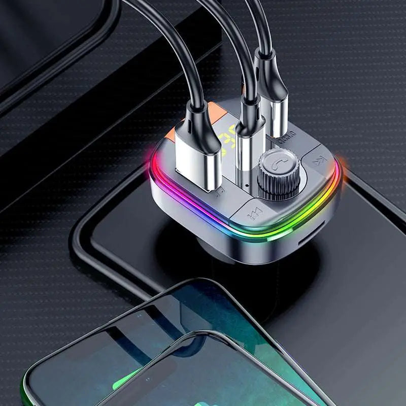 A sleek silver car charger with rainbow led bluetooth lighting and multiple usb ports for bluetooth fast charge