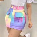Rainbow multi pocket women’s clothing suits skirt featuring a rainbow gradient patchwork mini skirt with utility pockets and belt
