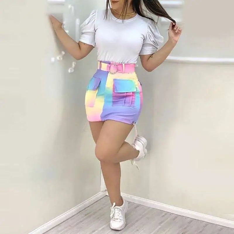 Rainbow multi pocket women’s clothing suits skirt featuring high-waisted mini design with bold pockets and pink belt