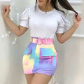 Rainbow multi pocket women’s clothing suits skirt high-waisted mini with patch pockets and matching pink belt