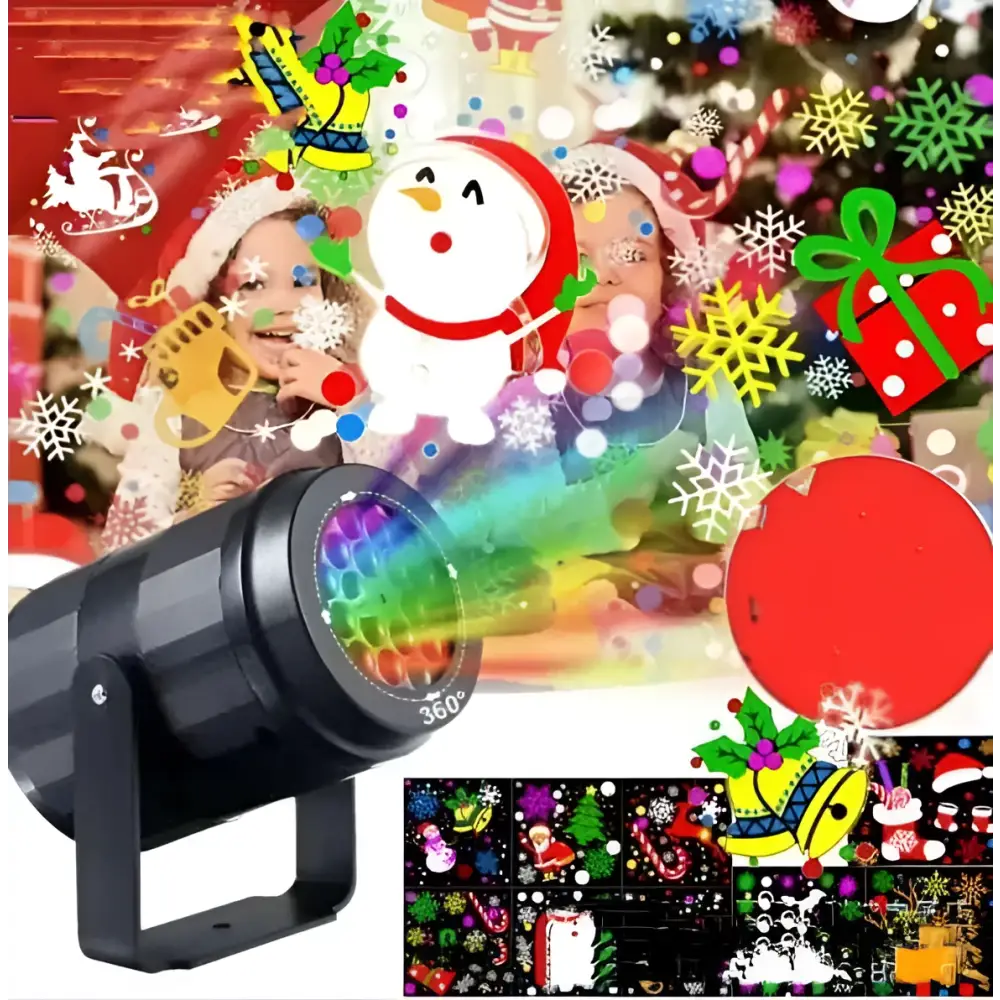 Black cylindrical christmas projector lights with rainbow pattern led, snowflake patterns, and 360-degree rotation capability