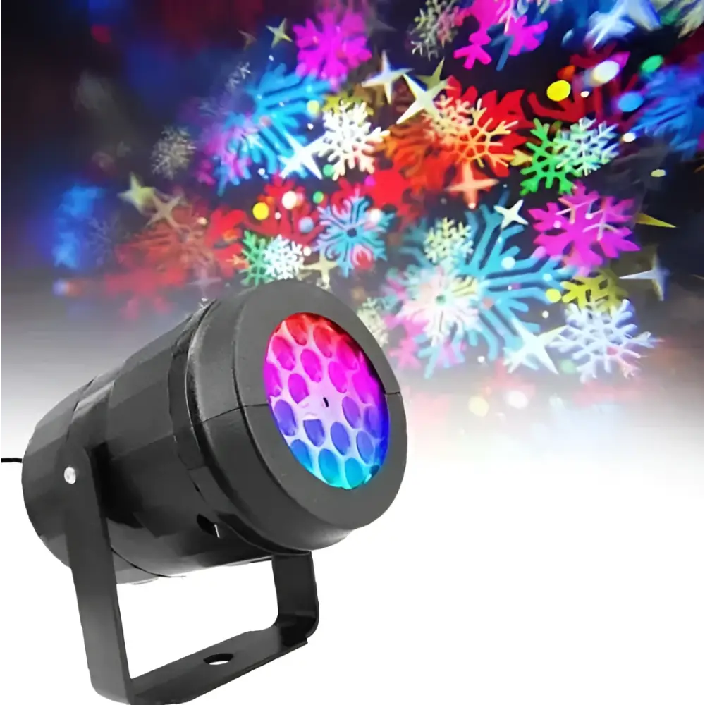 Black cylindrical led christmas projector lights displaying vibrant rainbow pattern led and snowflake patterns