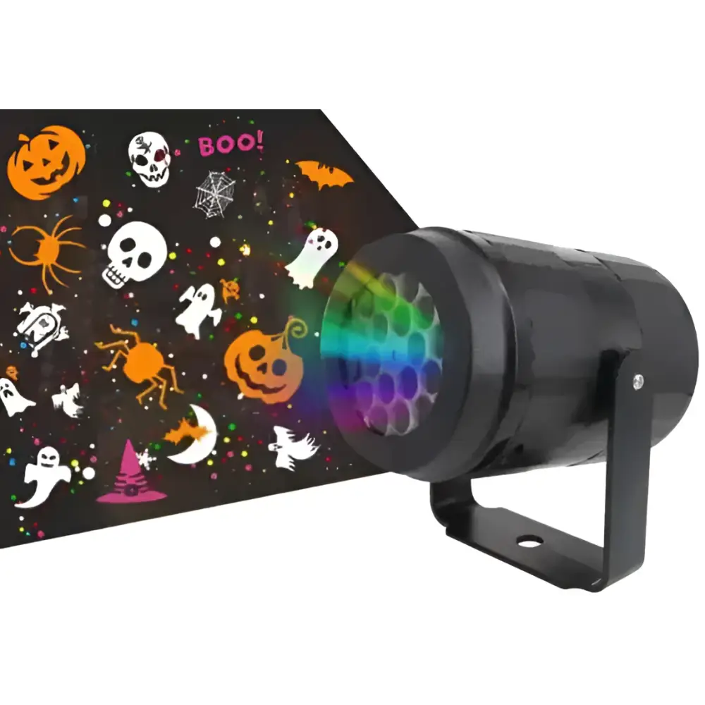 Black halloween projector casting rainbow pattern led spooky imagery onto dark surface for christmas projector lights use