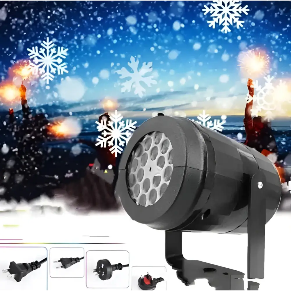 Black cylindrical rainbow pattern led christmas projector lights with snowflake patterns and mounting bracket for outdoor use