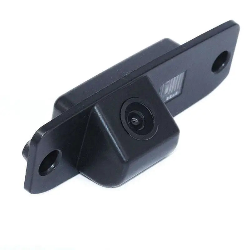 Black plastic rearview camera dedicated with integrated led light and mounting bracket shown from the back side