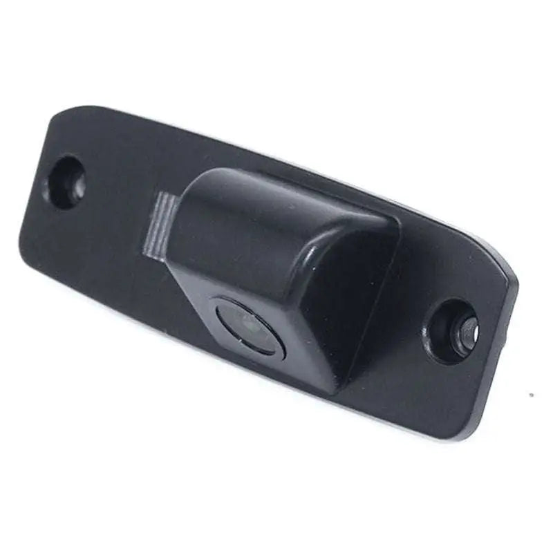 Black plastic rearview camera dedicated with integrated led light and mounting bracket shown from the back side