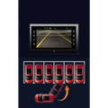 Black plastic rearview camera dedicated with LED and mounting bracket showing parking assist screen with red cars