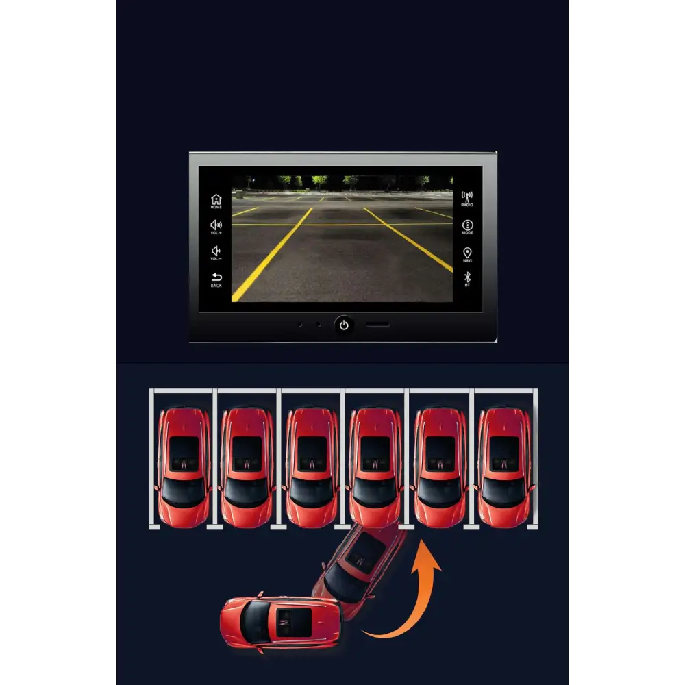 Black plastic rearview camera dedicated with LED and mounting bracket showing parking assist screen with red cars