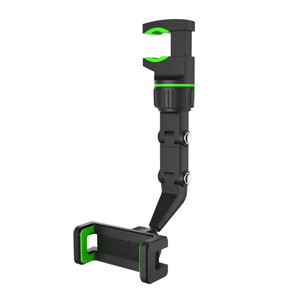 Black and green rearview mirror phone holder with flexible multi-jointed design for secure car mobile phone mounting
