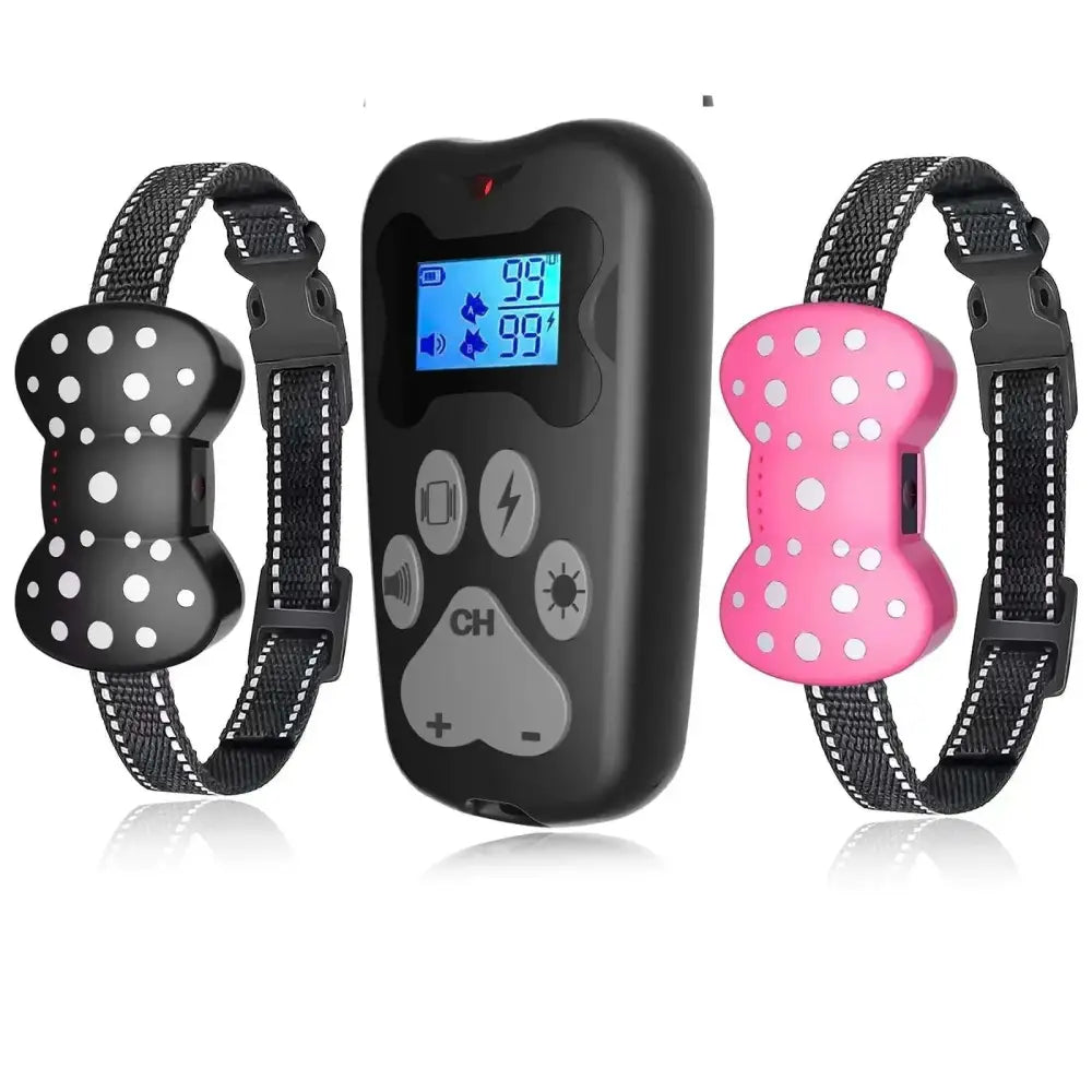 Black and pink rechargeable dog training collar with bone shape, white polka dots, digital display, and control buttons for pet owners