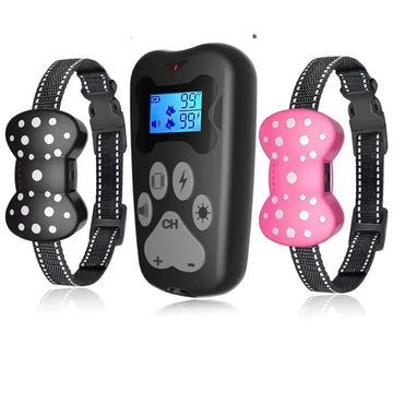 Black and pink rechargeable dog training collar with bone shape, white polka dots, digital display, and control buttons for pet owners