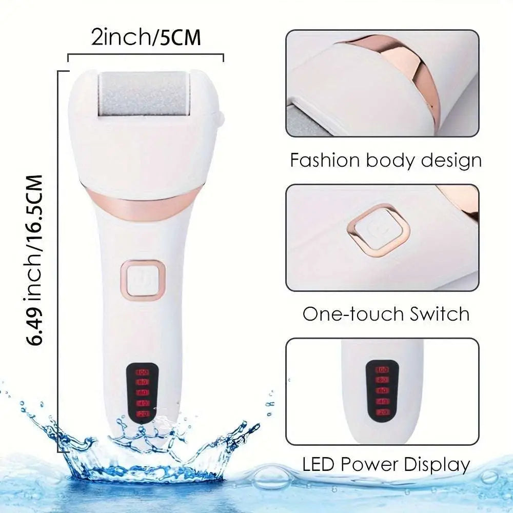 Rechargeable electric foot file in white and rose gold with led power display for effective foot pedicure kit use
