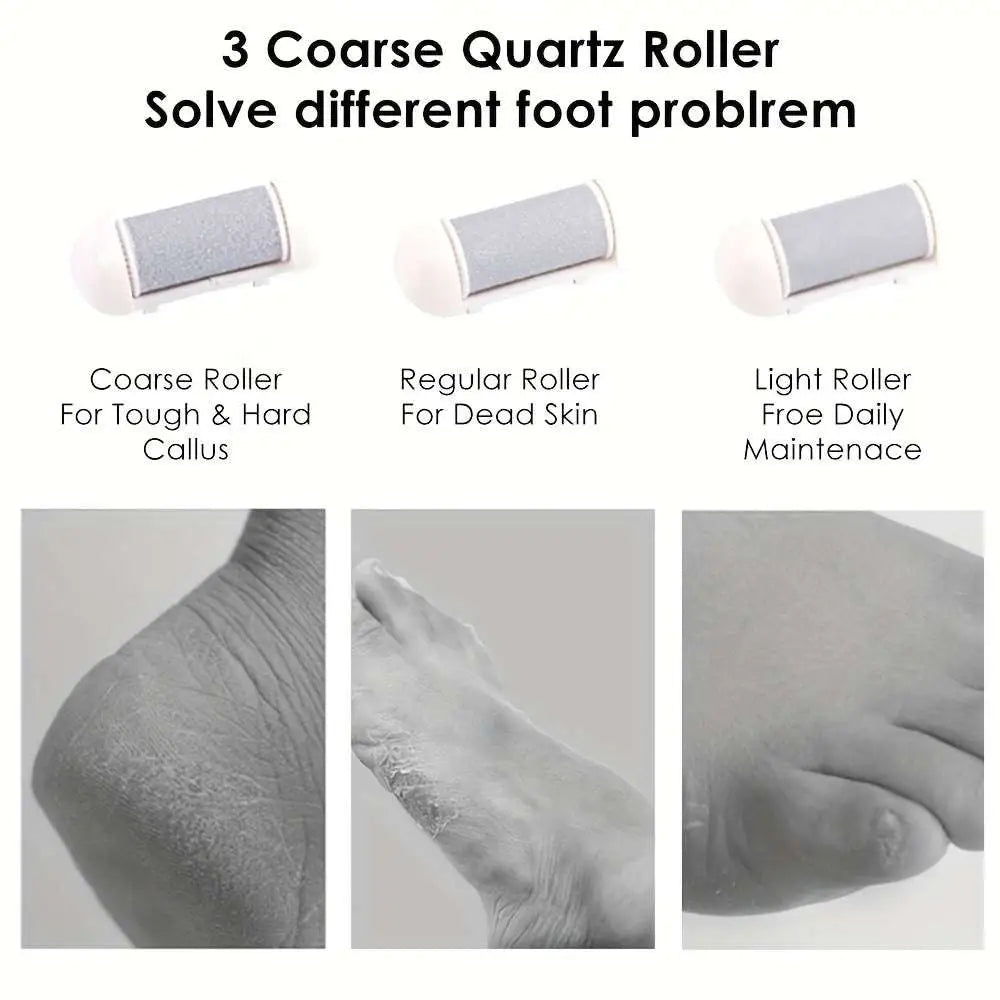 Three coarse quartz foot rollers with white handles for rechargeable electric foot pedicure kit dead skin removal