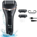 Black rechargeable electric foot pedicure kit with rose gold accents and textured grinding heads for dead skin removal