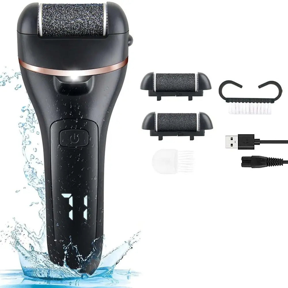 Black rechargeable electric foot pedicure kit with rose gold accents and textured grinding heads for dead skin removal