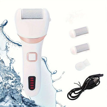 White and rose gold rechargeable electric foot pedicure kit with interchangeable gray grinding heads for dead skin removal