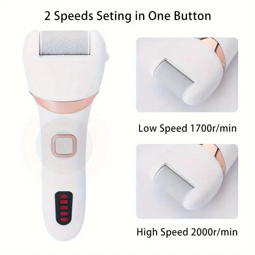 White and rose gold rechargeable electric foot file with single button two speed settings for pedicure kit use
