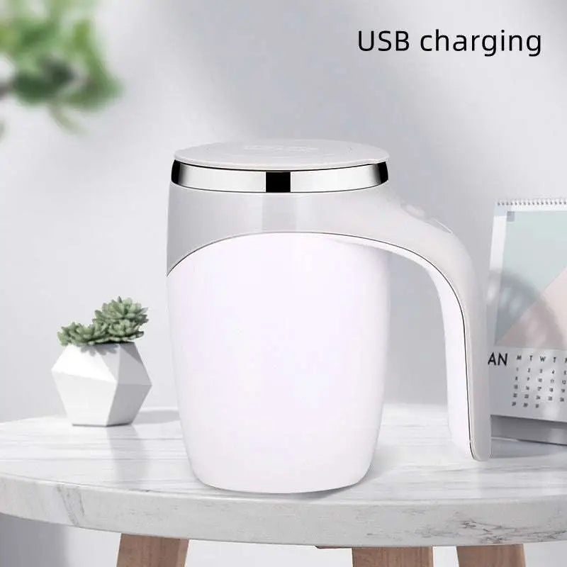 White ceramic rechargeable model automatic stirring cup with usb charging, silver rim, and handle for modern convenience