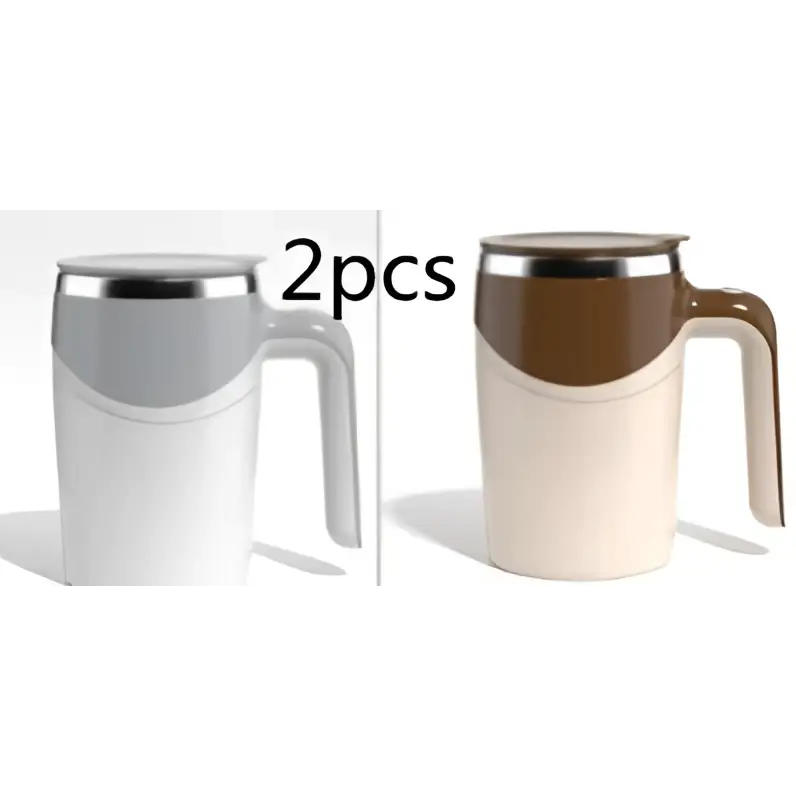 White and brown insulated ceramic rechargeable model travel mugs with stainless steel lids and automatic stirring function