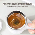 White and silver ceramic rechargeable model electric mug with automatic stirring function and swirling brown liquid inside