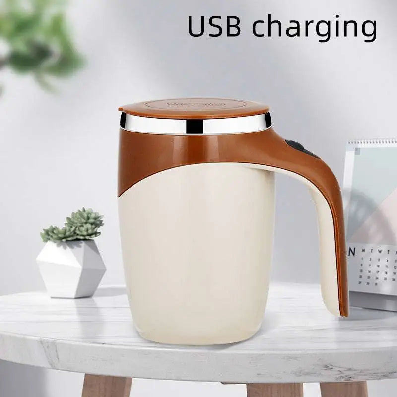 Cream-colored ceramic rechargeable model automatic stirring cup with brown handle lid and silver usb charging strip