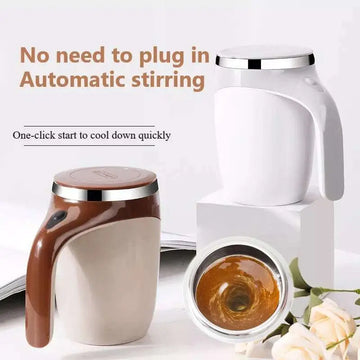 Rechargeable model automatic stirring cup with white and brown ceramic mugs featuring stainless steel lids and handles